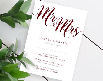 Plantilla de invitación de boda de Mr & Mrs de Borgoña - Invitación de boda en PDF editable e imprimible