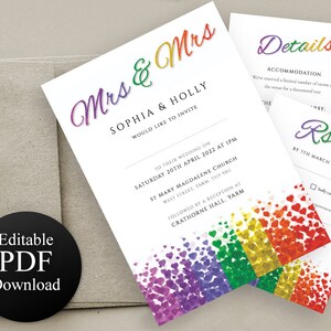 Lesbian Wedding Invitation Set Mrs & Mrs Details Card Rsvp Set Printable Editable PDF Templates INSTANT DOWNLOAD Gay Pride Hearts Invite image 4