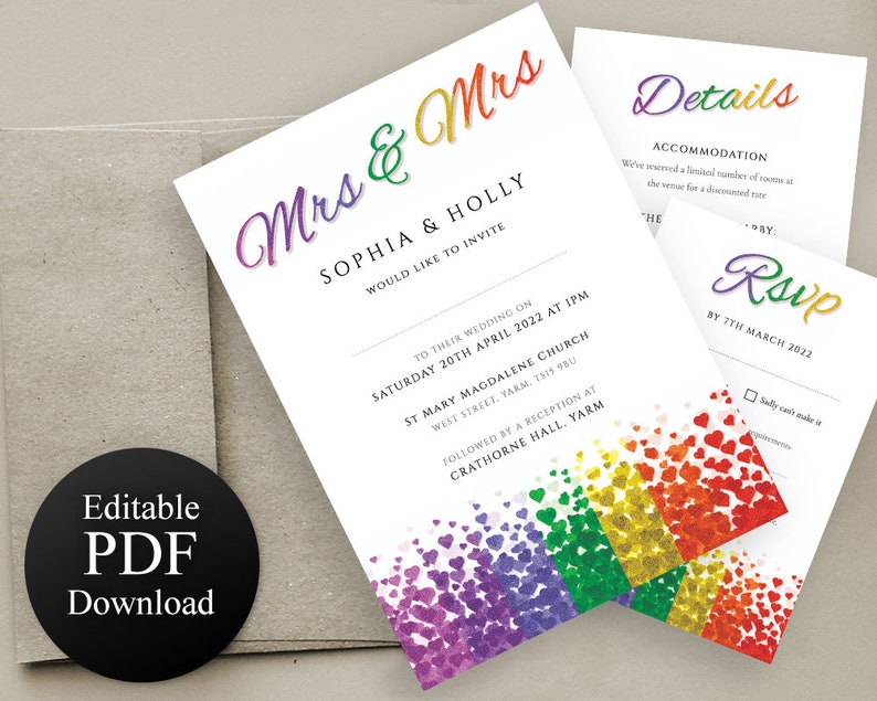 Lesbian Wedding Invitation Set Mrs & Mrs Details Card Rsvp Set Printable Editable PDF Templates INSTANT DOWNLOAD Gay Pride Hearts Invite image 4