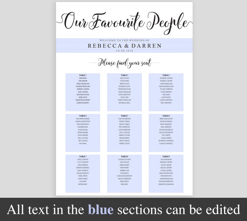 Seating Chart Template Wedding Christening Birthday Party Bar Mitzvah Corporate Events