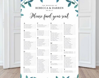 May include: A wedding seating chart with a white background and teal green leaves. The chart is titled "The Wedding of Rebecca & Darren" and the date "08.08.21". The chart lists guest names in alphabetical order by last name.