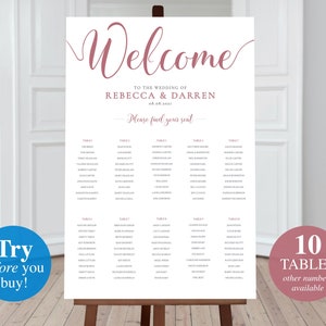 Pink Wedding Seating Chart 10 Tables - Printable Editable Template Download. Large 24&quot;x36&quot; or A1 Seating Plan