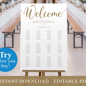 Hochzeit Sitzplan - Druckbare bearbeitbare PDF-Vorlage SOFORTIGER DOWNLOAD. Großer 60cm x 36cm oder A1 Gold Text Sitzplan. Finde dein Sitzschild
