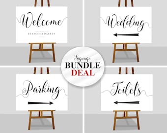Wedding Sign Bundle - Personalised Welcome Sign, Wedding Arrow Sign, Parking Directions Sign & Toilets Sign
