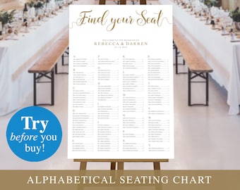 Gold Alphabetical Wedding Seating Chart Template. Large A-Z Seating Plan A1 or 24x36