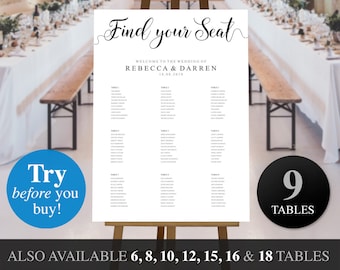Seating Chart Template. Find Your Seat Sign for Weddings Christenings Birthday Parties Bar Mitzvahs