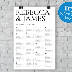Alfabetische zitplaatsen grafiek bruiloft sjabloon. Groot A-Z zitplan A1 of 24x36