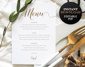 Gold Calligraphy Wedding Menu Template: Printable Dinner Card (PDF)