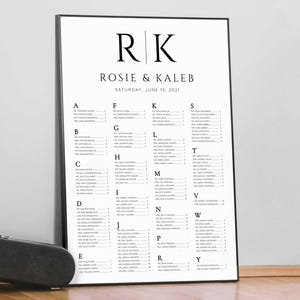 Alphabetical Wedding Seating Chart. Large Initials of Bride & Groom 24x36 or A1 Size