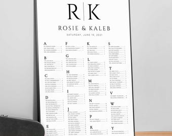 Alphabetical Wedding Seating Chart. Large Initials of Bride & Groom 24x36 or A1 Size