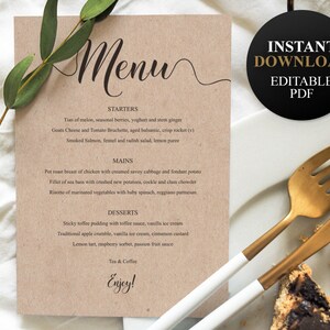 Plantilla de menú de boda Tarjeta de menú de cena imprimible Pdf editable DESCARGA INSTANTÁNEA Signo de mesa Menú de boda DIY Menú de comida de caligrafía B&W personalizado