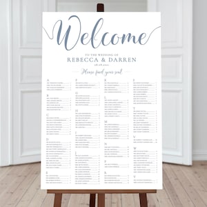 Dusty Blue Wedding Seating Chart Template. 24x36 Alphabetical Seating Plan