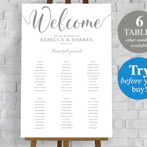 Sage Green Wedding Seating Chart: 6 Tables (Printable Editable Template)
