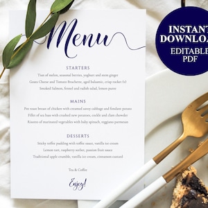 Navy Wedding Menu Template 5x7 Table Menu Card