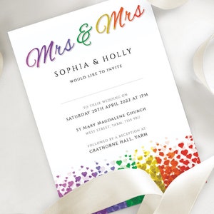Invitación de boda lésbica Sra. y Sra. Plantillas PDF editables imprimibles DESCARGA INSTANTÁNEA. Invitación al matrimonio LGBT de corazones de colores del orgullo gay