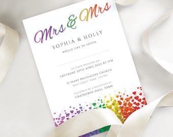 Lesbian Wedding Invitation Mrs & Mrs. Printable Editable Pdf Templates INSTANT DOWNLOAD. Gay Pride Colours Hearts LGBT Marriage Invite