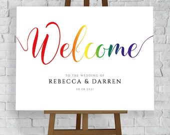 May include: Welcome sign with a rainbow gradient "Welcome" text and the text "To the wedding of Rebecca & Darren 08.08.2021" on a white background.