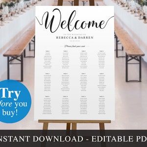 May include: Editable wedding seating chart template with a white background and black text. The chart is titled "Welcome to the Wedding of Rebecca & Darren" and includes a list of tables and guest names.