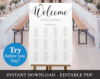 Wedding Seating Chart - Printable Editable PDF Template INSTANT DOWNLOAD. Large 24"x36" or A1 Black Text Seating Plan. Find your seat sign