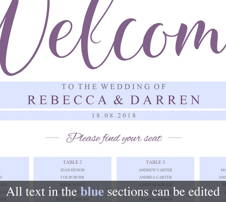 Large 24x36 or A1 Seating Plan. Wedding Seating Chart Purple Template