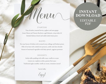 Sage Green Wedding Menu Template 5x7 Table Menu Card