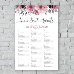 Floral Wedding Seating Chart. Large Alphabetical Seating Plan 24x36