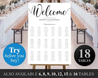 May include: A printable wedding seating chart template with a black and white design. The chart is titled "Welcome to the Wedding of Rebecca & Darren". The chart is designed for 18 tables and includes the text "Try before you buy!" and "Also available 6, 8, 9, 10, 12, 15 & 16 tables".