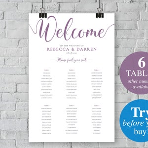 Purple Wedding Seating Chart 6 Tables. 24x36 Seating Plan Template