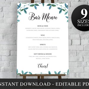Bar Menu Template. DIY Wedding Drinks Menu Sign