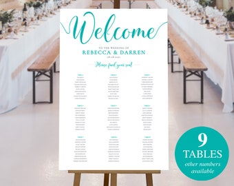 Turquoise 9 Table Seating Chart. 24x36 Wedding Seating Plan Template