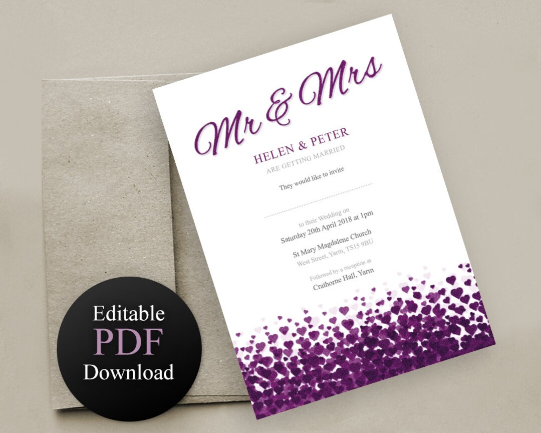 Purple Mr & Mrs Wedding Invitation Printable Editable PDF - Etsy