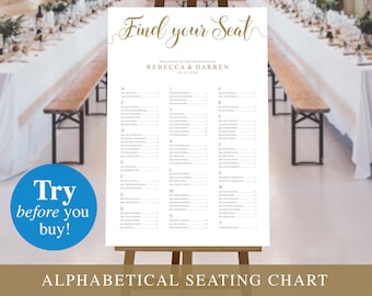 Alphabetical Seating Chart Gold Wedding Template. Large A-Z Seating Plan A1 or 24x36