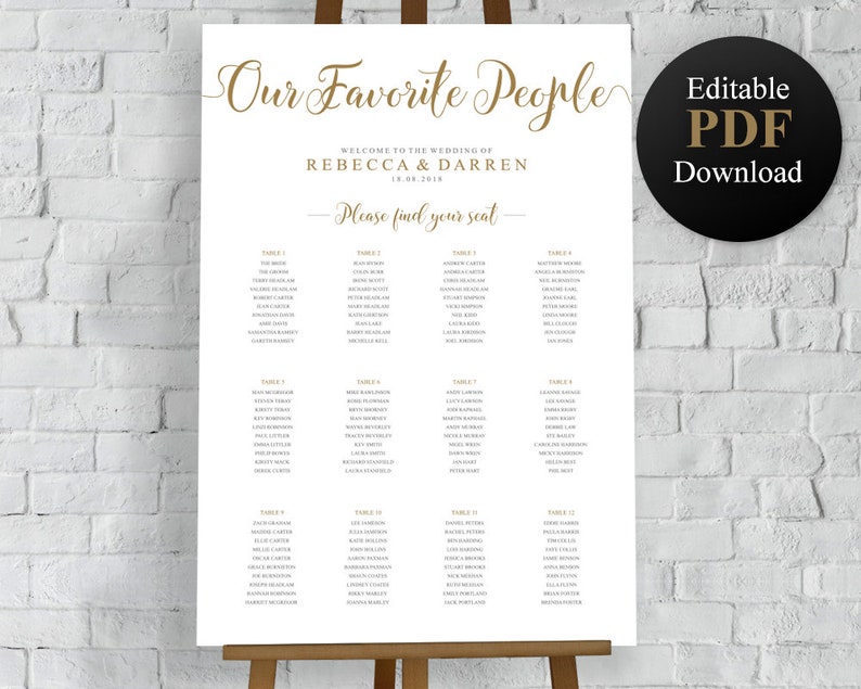 Seating Chart Wedding Template Gold A1 or 24 x 36 Etsy