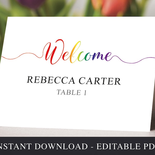 Wedding Place Cards Template Gay Pride Rainbow. Lesbian LGBT Printable Editable Name Cards Folded Tent Card Calligraphy.