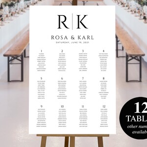Large Wedding Seating Chart 12 Tables. Bride & Groom Initials 24x36 or A1 Size