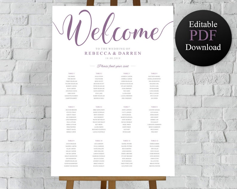 Large 24x36 or A1 Seating Plan. Wedding Seating Chart Purple Template
