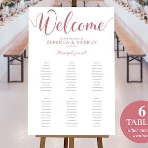 Wedding Seating Chart Pink 6 Tables - Printable Editable Template Download. Large 24&quot;x36&quot; or A1 Seating Plan