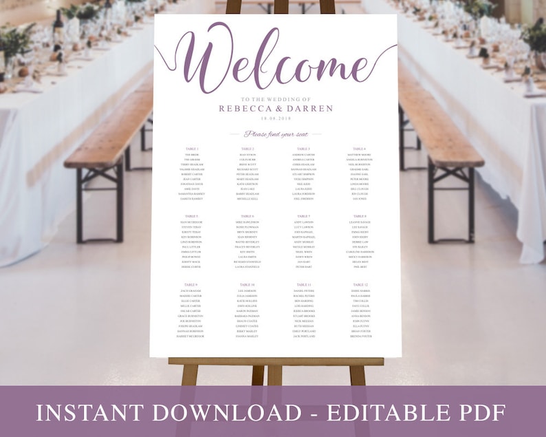 Large 24x36 or A1 Seating Plan. Wedding Seating Chart Purple Template