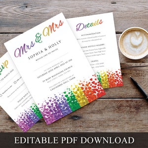 Lesbian Wedding Invitation Set Mrs & Mrs Details Card Rsvp Set Printable Editable PDF Templates INSTANT DOWNLOAD Gay Pride Hearts Invite image 5