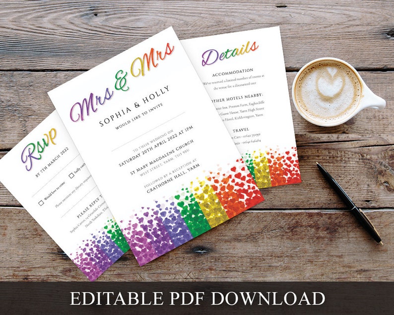 Lesbian Wedding Invitation Set Mrs & Mrs Details Card Rsvp Set Printable Editable PDF Templates INSTANT DOWNLOAD Gay Pride Hearts Invite image 5