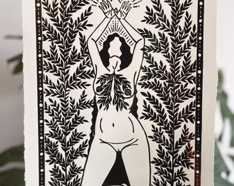 Art print “Respira” • Art linocut plants breathing woman calm
