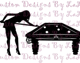 Billar Chick SVG, Girl Shooting Pool svg, archivo de corte de billar para cricut, mesa de billar svg, pool shot svg, diseño de billar svg