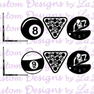 May include: Black and white graphic design of the word "LOVE" with a pool ball, a rack of pool balls, and a person playing pool in each letter.