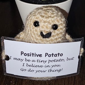 Può includere: Un giocattolo di patata all'uncinetto che tiene un cartello con su scritto "Positive Potato I may be a tiny potato, but I believe in you. Go do your thing!"