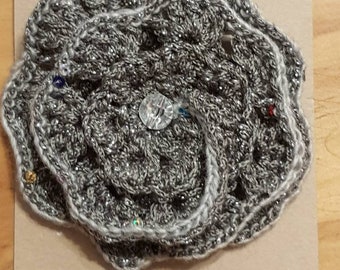 Hand made large crochet grey flower brooch