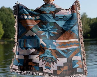 Navajo Woven Blanket, Southwestern Geometric Throw, USA Made Cotton