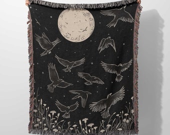 Crows Flying Woven Blanket, Moonlight Raven Tapestry, Goth Decor
