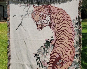 Tiger Woven Throw Blankets, Woven Tapestry, Chinese Decor, Big Cat Tapestry Blanket, Animal Blanket Art, Tiger Wall Decor Art, Tiger Gift