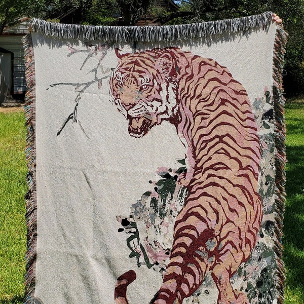 Tiger Woven Throw Blankets, Woven Tapestry, Chinese Decor, Cat Tapestry Blanket, Couch Throw Blanket, Animal Blanket Art | By TheWovenCrow