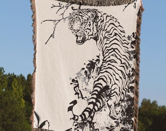 Manta de algodão trançado com estampa de tigre, decoração chinesa, fabricada nos EUA.